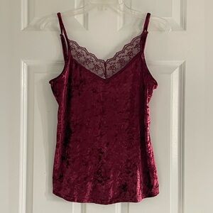NoBo Velvet Cami Top M 7/9 Lace Trim Adjustable Straps Y2K Burgundy Whimsigoth